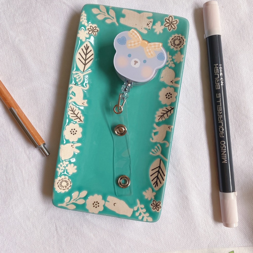 Badge reel - blue bear yellow hair bow